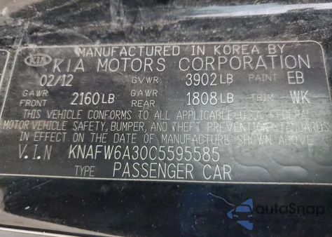 2012 Kia Forte Sx z USA, uszkodzony, nr VIN KNAFW6A30C5595585